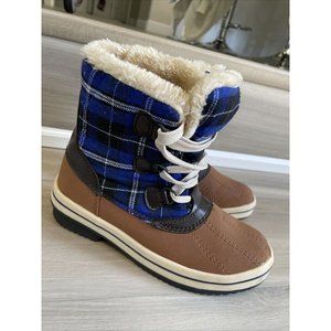 Merona‎ Women's Short Winter Boots Tan And Blue Plaid Duck Boot Fleece Size 7